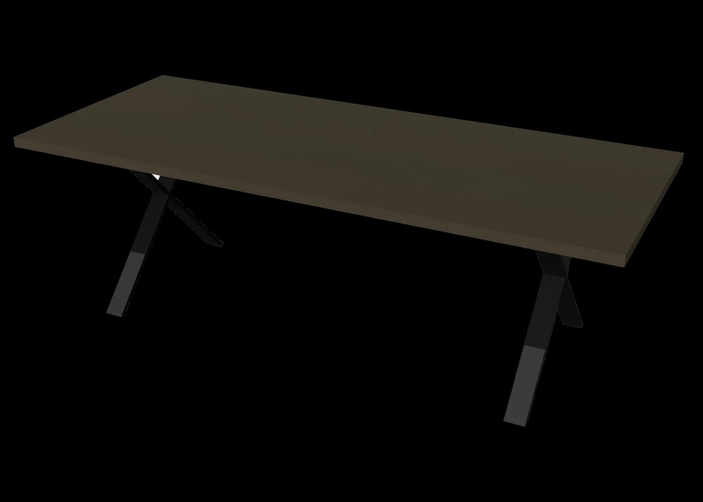 Rectangular table with a dark finish and straight edge on jet-black X-frame legs
