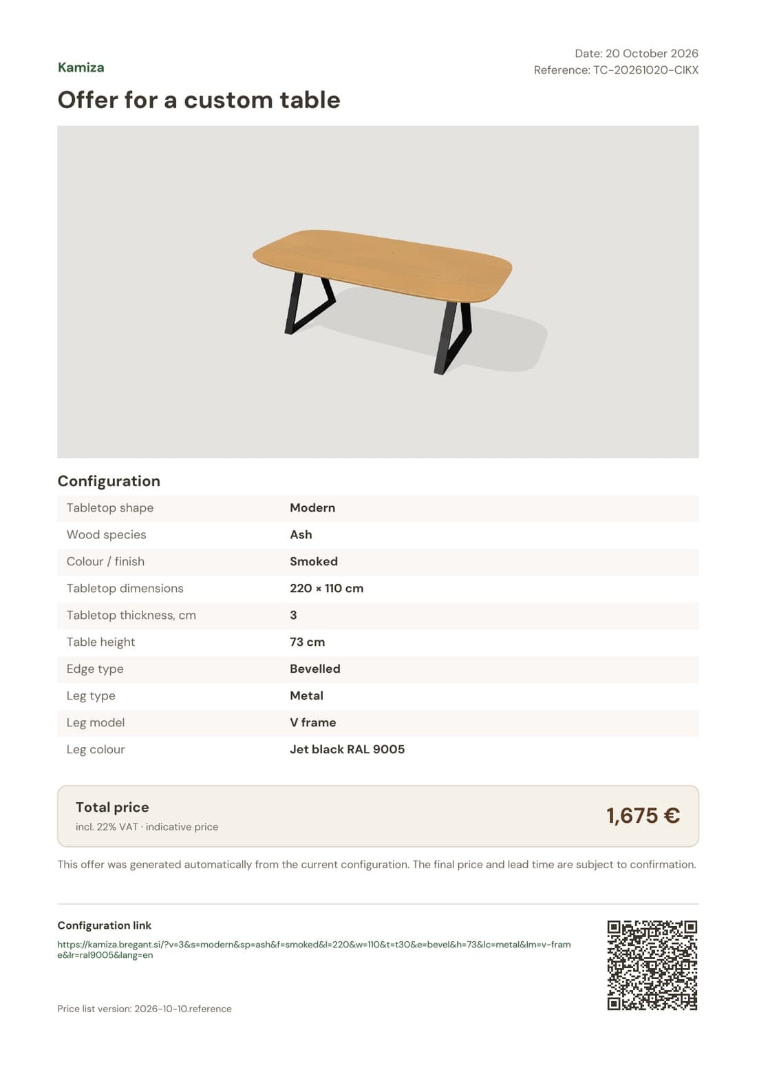 A one-page Kamiza PDF offer for a modern smoked ash table on jet-black V-frame legs: render, configuration summary, total price of 1,675 € incl. VAT, configuration link and QR code