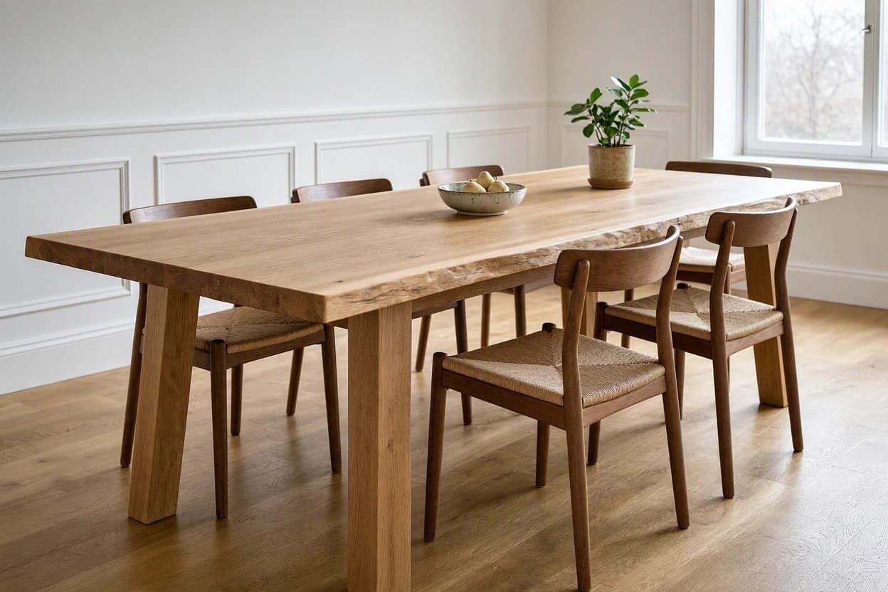 A live-edge oak dining table with six wooden chairs in a bright, panelled room