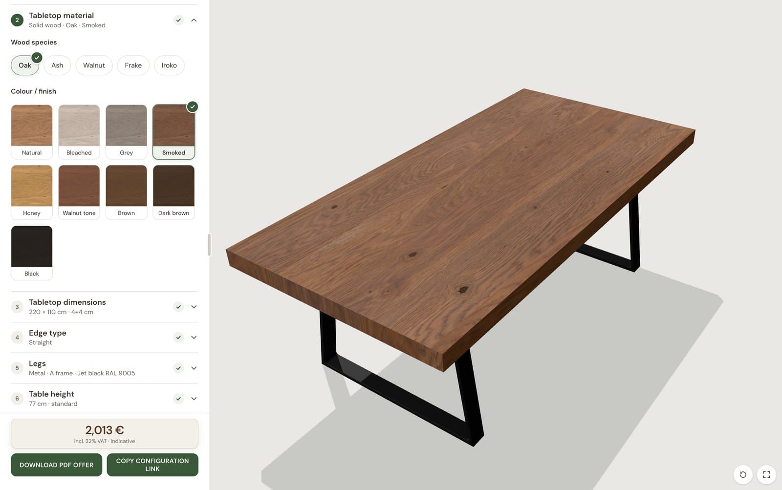 The configurator showing the colour and finish step: a smoked oak table, 220 by 110 cm with a 4+4 cm top, on jet-black A-frame legs