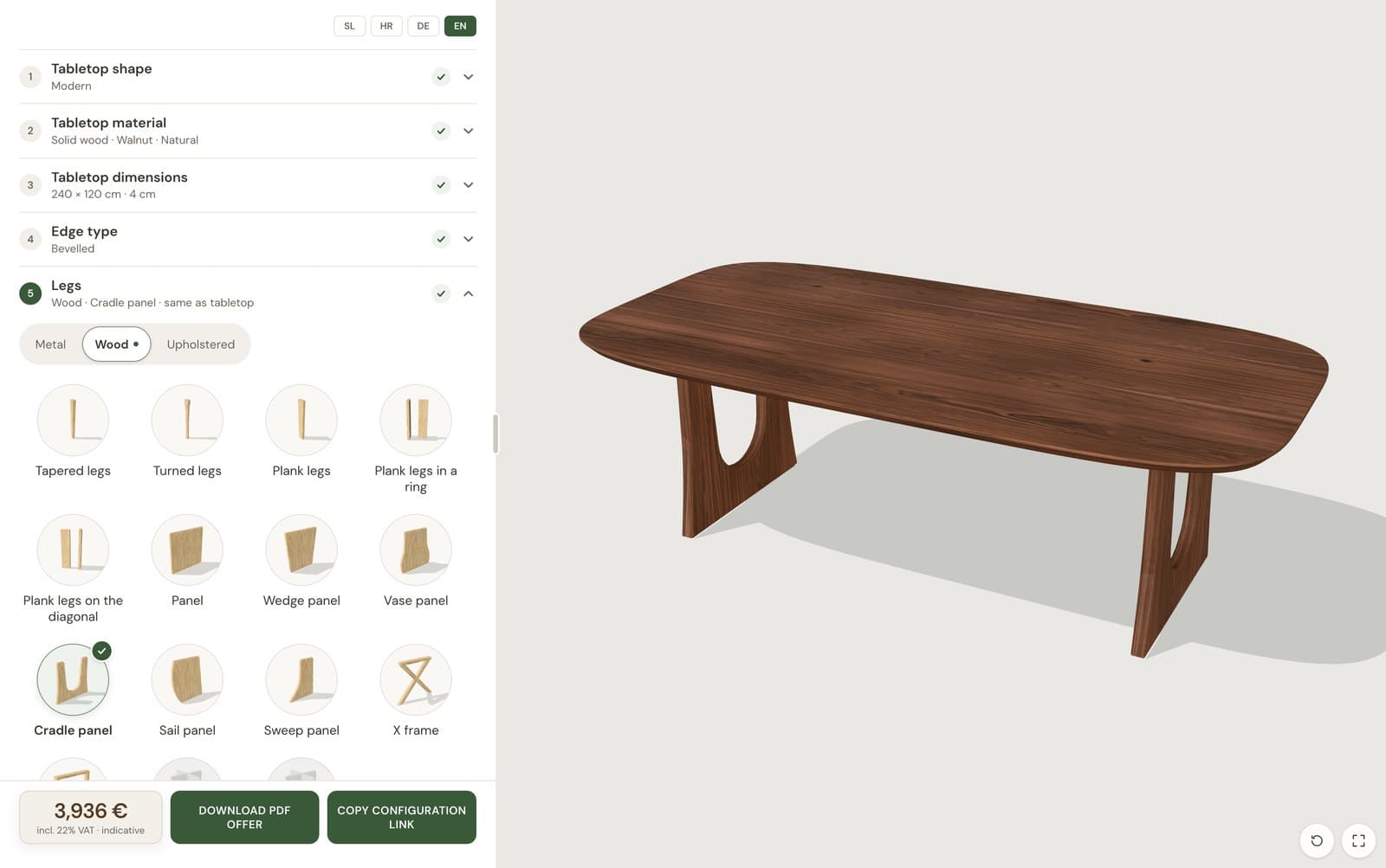 Kamiza configurator: a walnut table with cradle-panel wooden legs, shown in 3D next to the options panel
