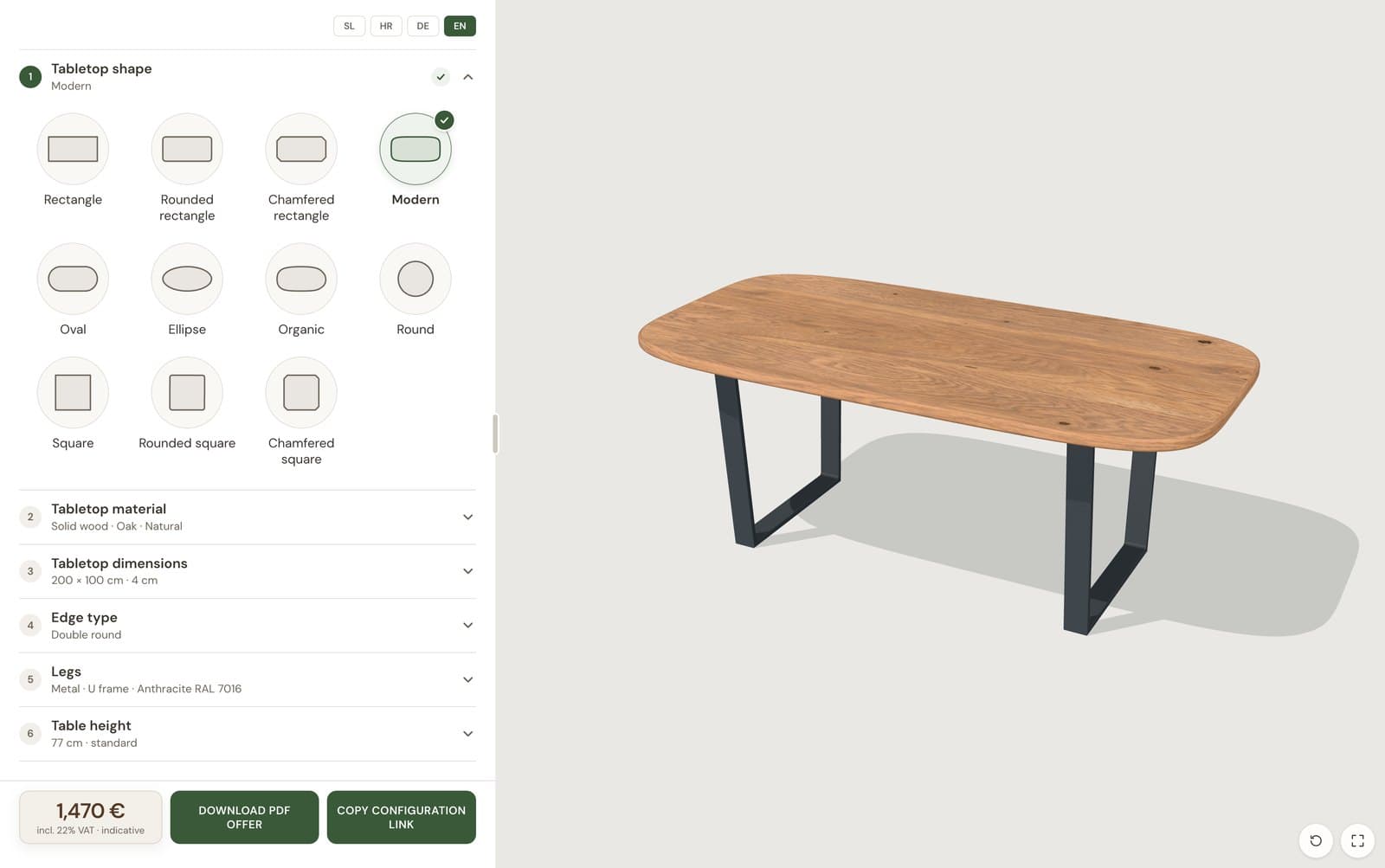 The configurator's tabletop shape options next to a 3D oak table